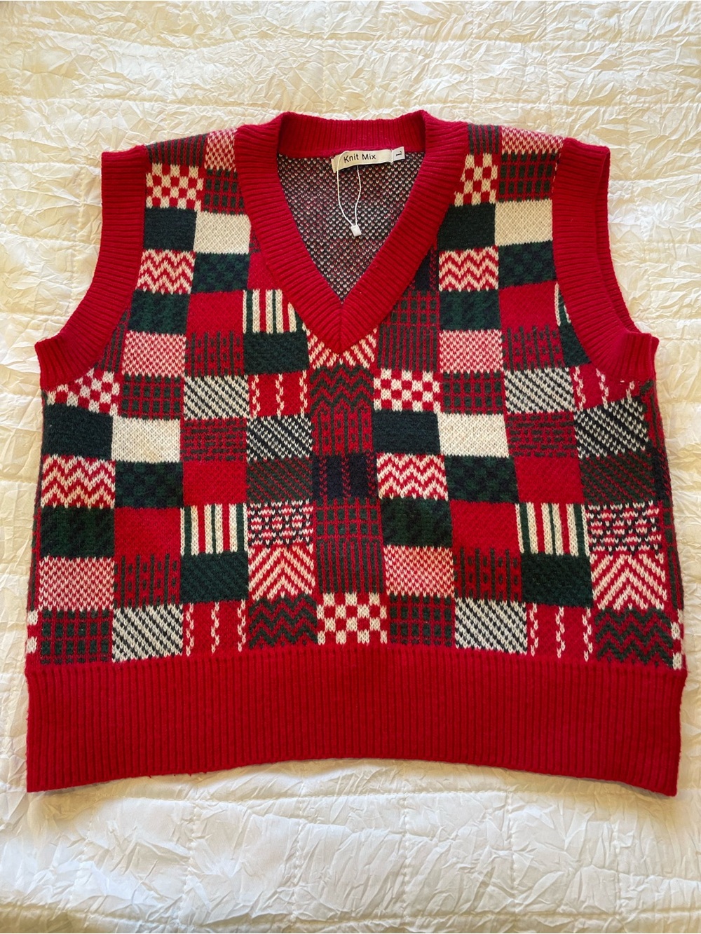 Women’s Red Patchwork V-Neck Sweater Vest